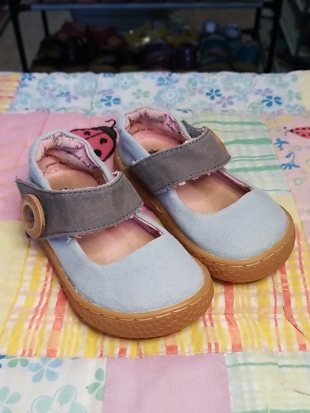 Livie & Luca Light Blue Canvas Mary Janes w/Gray Strap & Wood Buttons 5 Carta